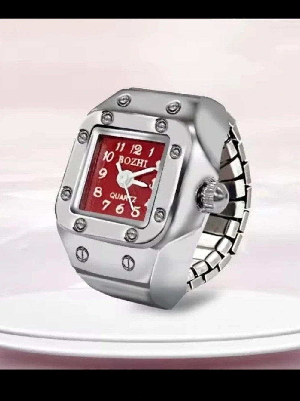 Womens Silver Ring Watch with Red Dial